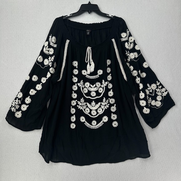 Intro Bouse Tunic Top 3X Womens Plus Black Crochet Embroidered Peasant Boho - Picture 1 of 11